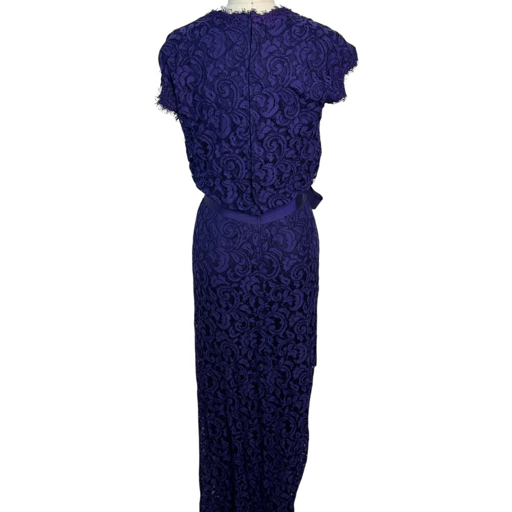 Tadashi Shoji Cap Sleeve Lined Ribbon Tie Sash Lace Long Gown Blue Womens Size 6 - Picture 6 of 11